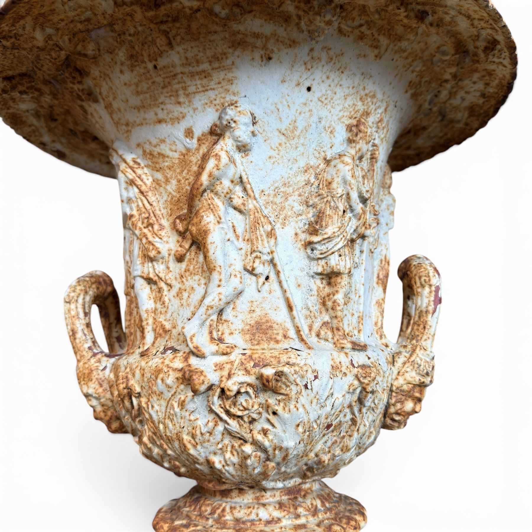 Andrew Handyside - pair of 19th century best quality cast iron garden urns, individually detailed in relief Allegorical Figures and Helaldic Swans, campagna form with twin handles, detail under rim, raised on circular fluted base