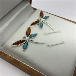 Pair of silver Baltic amber and turquoise dragonfly stud earrings, stamped 925, boxed