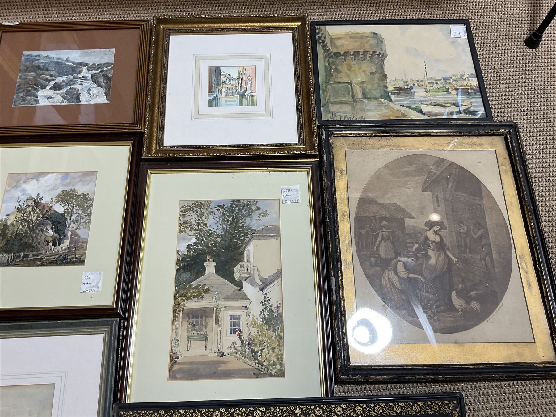 Seven watercolours, crystoleum, three mezzotints, etc