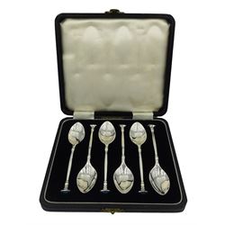 Set of six 1950's silver coffee spoons, in the Arts & Crafts style, with capped terminals and acanthus detailed to underside of bowls, hallmarked Barker Brothers Silver Ltd, Birmingham 1959, contained within a fitted case, approximate silver weight 2.82 ozt (88 grams)