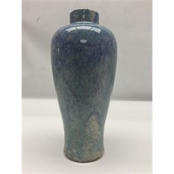 Holyrood Pottery vase of bulbous form decorated in a mottled and streaked green and blue glaze, with printed mark beneath, H24cm