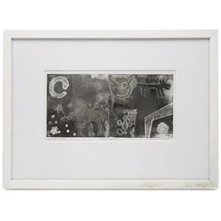 Gillian Ross Kelsey (British 1935-2025): 'Signs and Symbols', mixed media on paper signed and titled in pencil 14cm x 28cm