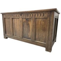 18th century and later oak coffer or chest, rectangular quadruple panelled hinged top, over arcade carved frieze and panelled sides, on stile supports