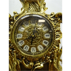  Rococo style cast brass mantle clock, circular dial with visible pendulum, modern quartz movement, H49cm  