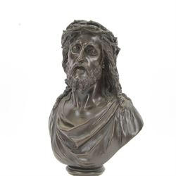After Jean Bulio (French 1827-1911): bronze bust, modelled as Christ wearing crown of thorns, upon a socle base and square plinth, signed Bulio verso, overall H28.5cm
