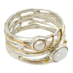 Silver and 14ct gold wire opal and pearl ring, stamped 925 