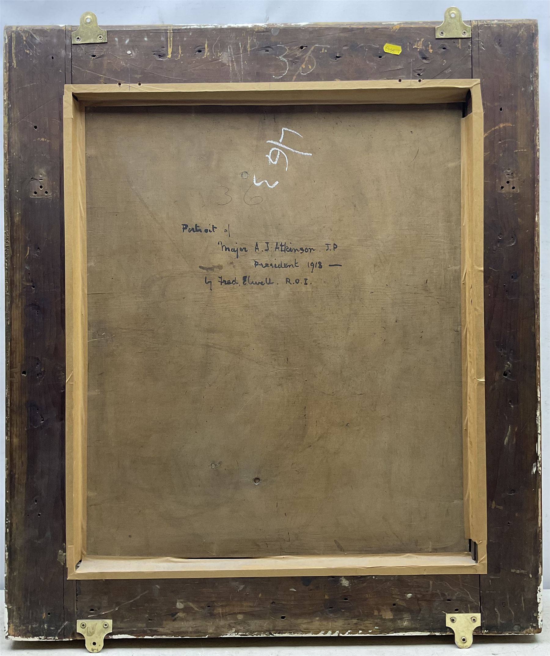 Frederick (Fred) William Elwell RA (British 1870-1958): 'Portrait of Major Arthur Joseph Atkinson (1864-1959), oil on canvas laid on to panel signed, inscribed verso 66cm x 55cm
Provenance: from The Bell Hotel, Driffield; purchased Dee Atkinson & Harrison 21st November 2006