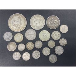 Queen Victoria India 1894 quarter rupee, South Africa 1895 one shilling coin, King George V Australia 1911 one florin - two shillings, Ireland 1928 two shillings sixpence, United States of America 1943 Liberty dime, Queen Elizabeth II South Africa 1957 five shillings and other coinage