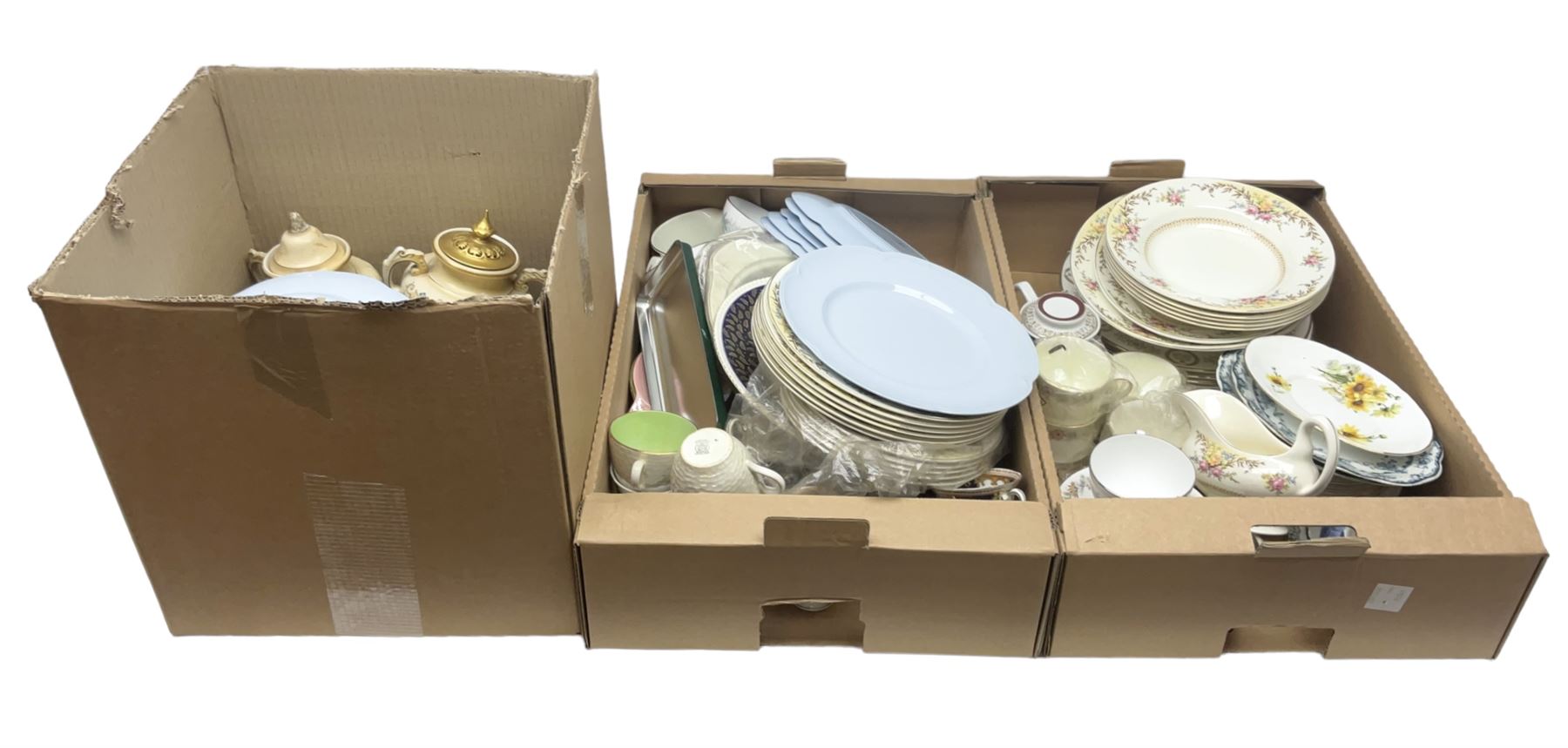 Collection of tea and dinner wares, to include Crown Clarence wares, two Maling cups and saucers, etc,  together with three Foley twin handled urns etc, in three boxes