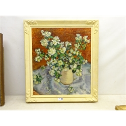  Olive Bagshaw (Northern British fl.1965-1978): Still Life Blossom in a Jug & Still Life of Roses, two oils on canvas laid on board unsigned, 51cm x 45cm & 38cm x 32cm (2) Provenance: from the Artist's Studio Sale. Miss Bagshaw who was born in Salford, received her formal art training at Salford and Manchester Art School. Her work has been regularly accepted at the Royal Society of Portrait Painters, the Royal Academy and Federation of British Artists (Information from a 1970's Monks Hall Museum and Gallery exhibition catalogue)  DDS - Artist's resale rights may apply to this lot   