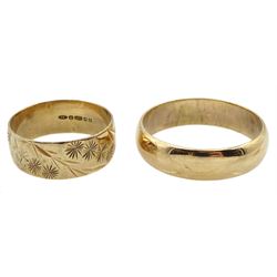 Gold wedding band with engraved decoration and one other, both hallmarked 9ct