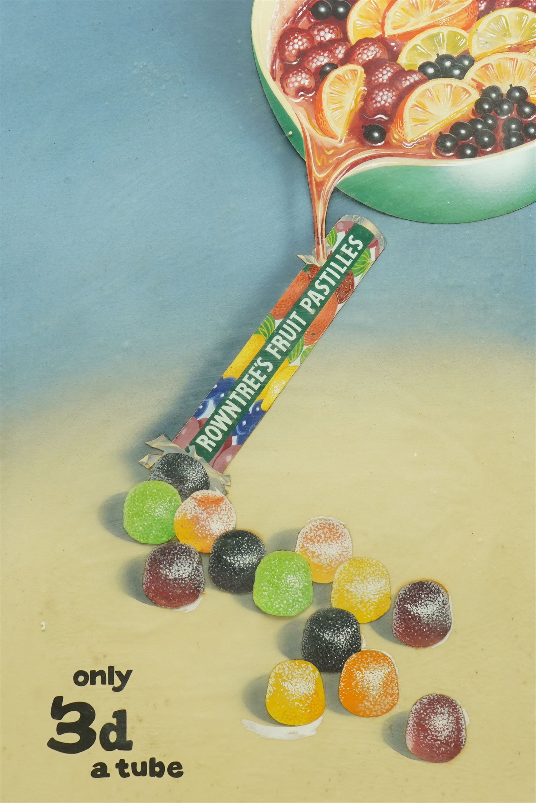 Original Rowntree Mackintosh (Rowntrees) prototype collage advertising poster for Fruit Pastilles - 'Only 3d a tube', colour poster with collage depicting a fruit punch being poured into a tube of Fruit Pastilles 58cm x 40cm
Provenance: from the personal collection of David Lamb, former advertising manager at Rowntree Mackintosh, York