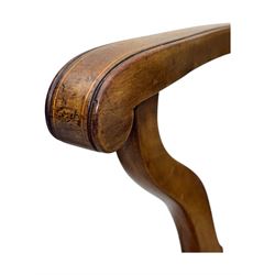 Edwardian inlaid mahogany X-frame armchair, upholstered seat and shield-back, curved front supports united by turned H-stretcher (W57cm, D58cm, H94cm); similar inlaid mahogany armchair, raised on cabriole supports united by cross-stretcher (W62cm, D60cm, H82cm) 