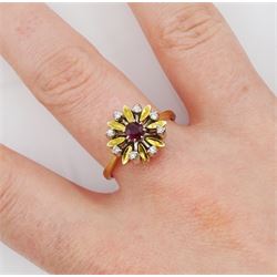 18ct gold ruby and diamond cluster ring, Birmingham 1978