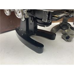 Four microscopes, including Cooke, Troughton & Simms no M467926, W Watson & Sons no 114758, W & J George & Beck Ltd no 36649 and one other 