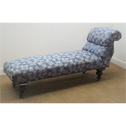  Victorian chaise longue, upholstered seat and scrolled end on turned supports with castors, L180cm  