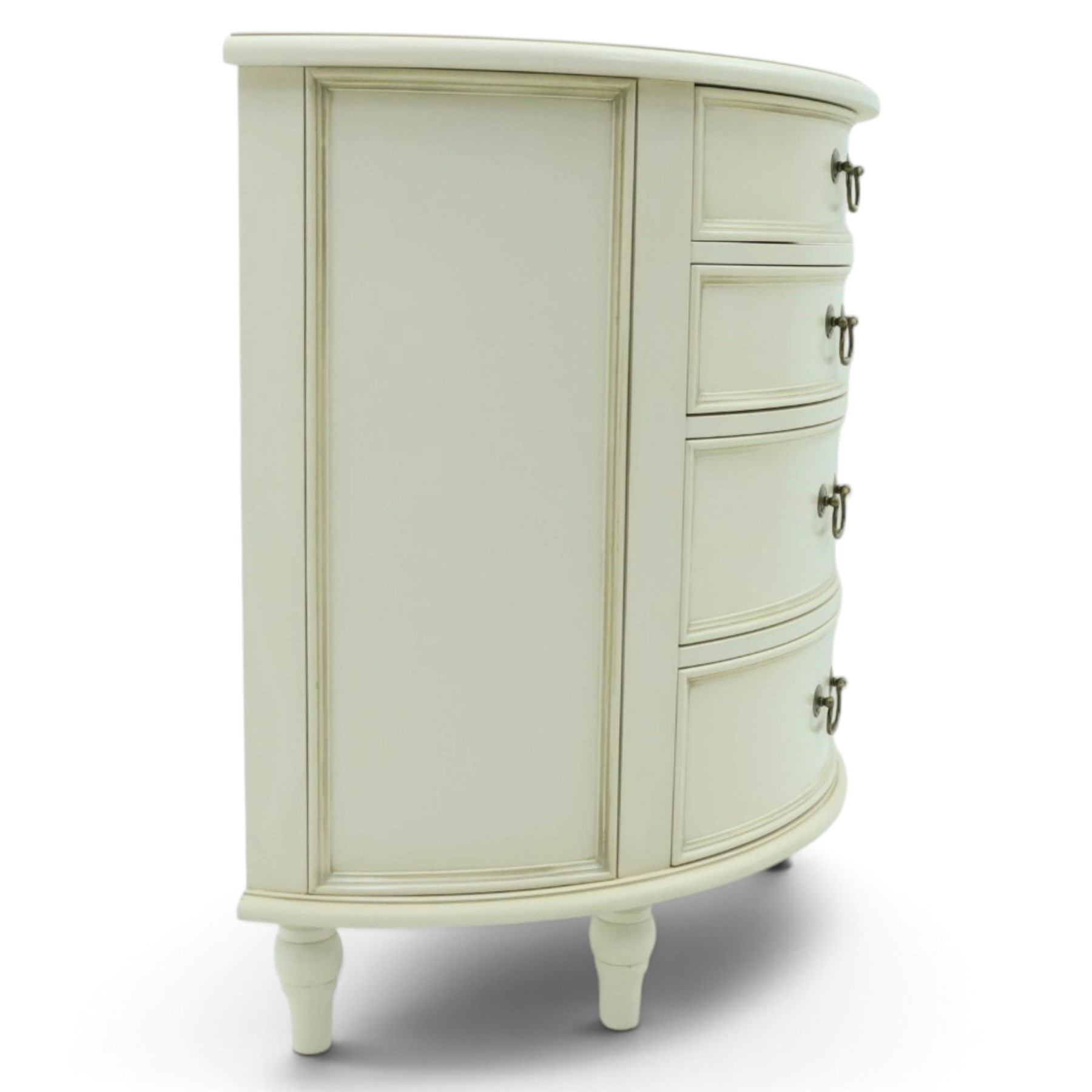 Laura Ashley - 'Clifton' demi-lune chest, fitted with four graduating bow-front drawers with brass swan neck handles, raised on turned supports, in ivory finish