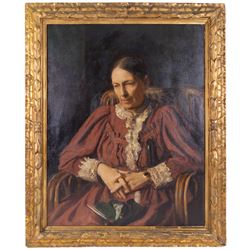 George Spencer Watson RA ROI RP (British 1869-1934): 'The Hon. Mrs Fremantle', oil on canvas unsigned, titled and attributed on the original frame, faded and indistinct title label verso 89cm x 70cm 
Notes: the painting depicts Isabella Maria (née Eardley) (1834-1901), daughter of Sir Culling Eardley Eardley, 3rd Baronet. She was the first wife (married 1863) of the Very Rev. Hon. William Henry Fremantle, D.D., Dean of Ripon (1831-1916). The Dean was the grandson of Vice-Admiral Sir Thomas Francis Fremantle, one of Admiral Lord Nelson’s band of brothers. The Hon. Mrs Fremantle was known for her charitable work and her work among the poor.