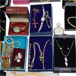 Silver fusee lever pocket watch, silver bangle and pair of silver garnet stud earrings, a large collection of costume jewellery and watches and a George VI Special Constabulary Faithful Service medal to John Dixon