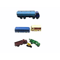 Dinky - six unboxed and playworn die-cast models comprising AA Motorcycle Patrol; Duple Roadmaster Leyland Royal Tiger; Supertoys Foden Tanker; Austin Wagon 'Eat More Buy More'; crane wagon with searchlight; and N.C.B. Electric Van (6)