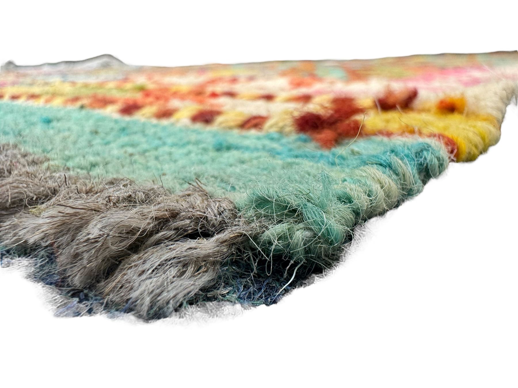 Tibetan-design handwoven rug, deep red field with three central medallions in yellow and blue, traditional yellow key border, white fringes on both ends