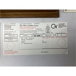 The Stamps of Royalty collection consisting of twenty-five sterling silver hallmarked stamp replicas, housed in a fitted wooden display case, with certificates, polishing cloth and certificates