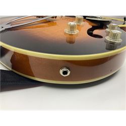 DeArmond Guild Star Fire Custom semi-acoustic guitar c2009 with tobacco sunburst finish and USA DeArmond gold foil pick-ups; serial no.KC9091266; L104cm; in Spider carrying case