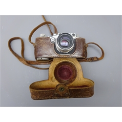  Leica 35mm film camera, Ernst Leitz Wetzlar D.R.P. No.335529, with Jupiter -8 2/50 lens No.022749, in leather Leica case  