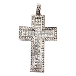  White gold pave and round brilliant cut diamond cross pendant, stamped 18K 750, diamonds approx 2 carat  