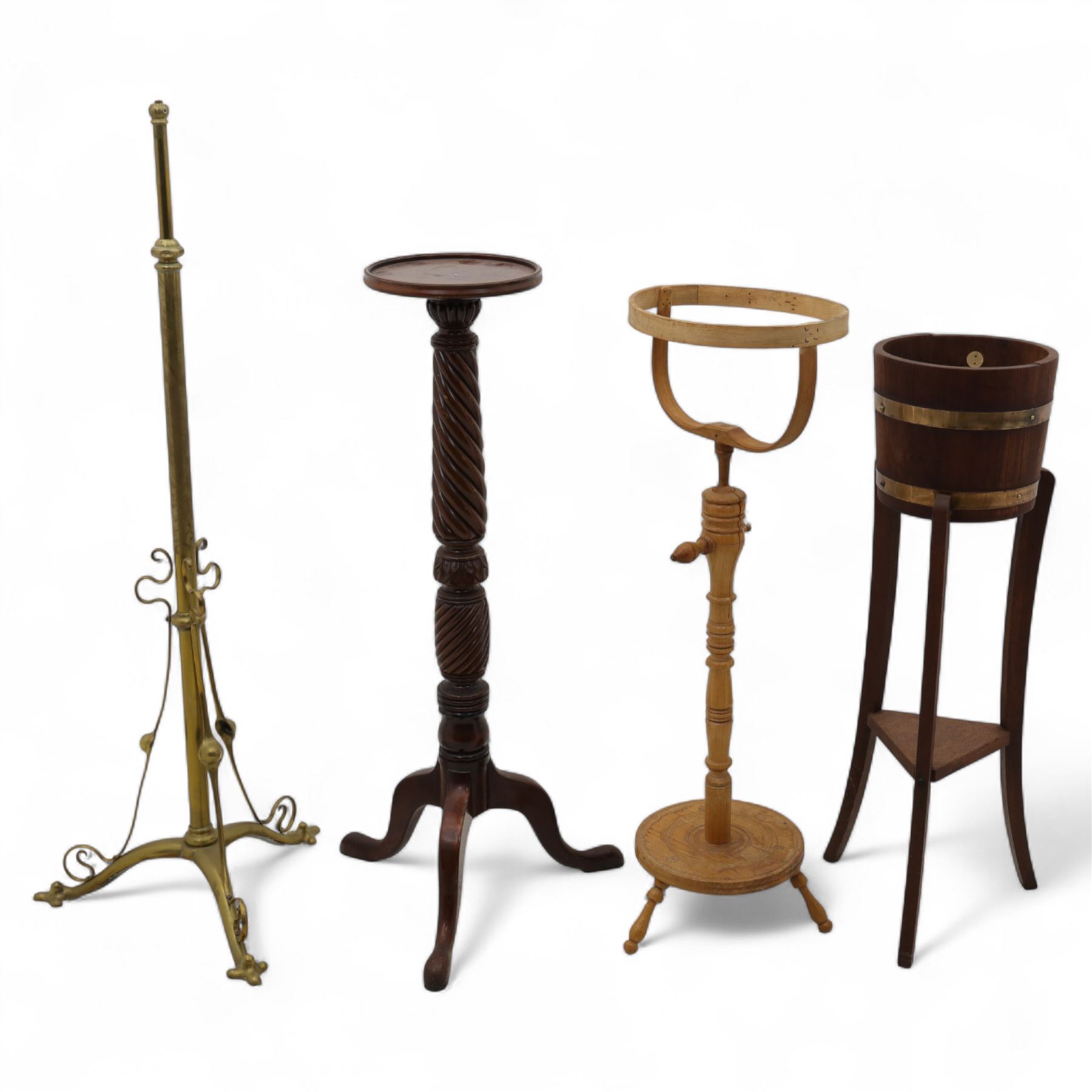 Mahogany torchiere H103cm, pine hat makers' stand H102cm, H91cm brass-bound planter on stand, brass standard lamp stand H127cm (4)