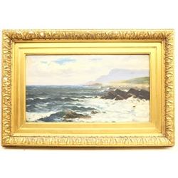 Attrib. John Wells Smith (British exh.1870-1875): Waves Breaking on the Coast, oil on canvas signed with monogram JWS and dated 1900, 24cm x 44cm, and Sail and Steam Ships at Anchor, early 20th century watercolour unsigned 18cm x 26cm (2)