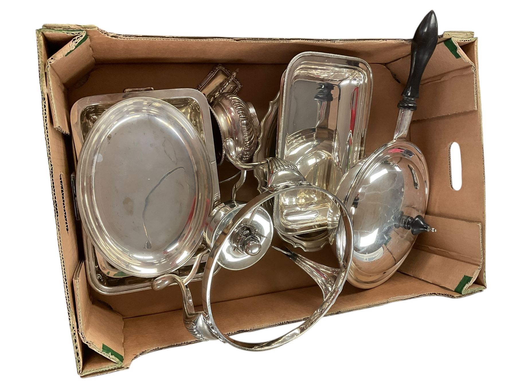 Victorian silver plate chafing dish, together with other silver plate, in three boxes 