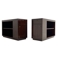 Ralph Lauren - pair 'Metropolis' Art Deco design end-tables, rosewood finish box frame with smoke glass inset, each fitted with cupboard, drawer and shelf