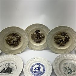 A group of eight Staffordshire nursery type plates, to include two examples detailed 'Zebra Hunt', another detailed 'Fox Hunt', one example detailed 'Poor Richard's Way to Wealth', a Wesleyan related example detailed with  a portrait of 'Adam Clarke', etc., each with moulded rim, largest D19.5cm. (8). 