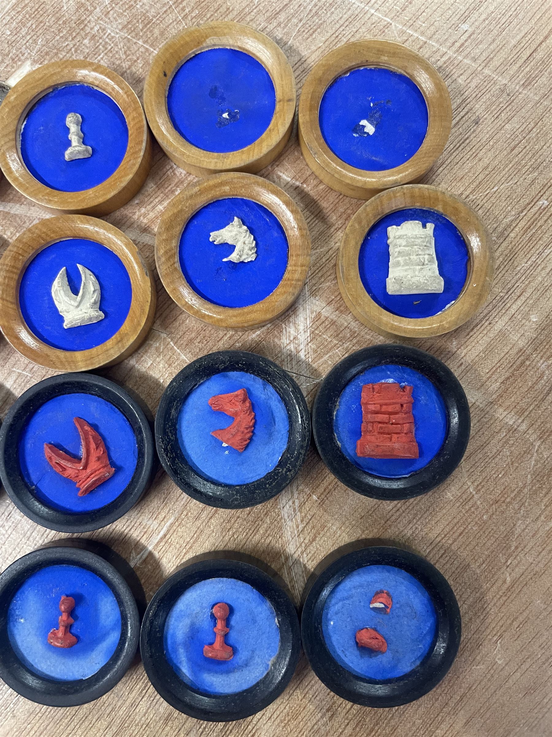 Jaques of London portable B.C.D. board for Backgammon, Chess and Draughts, the inner tube containing thirty two counters and two dice, outer red leather case