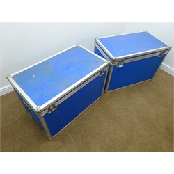  Pair of flight cases, hinged lid with clasps, two side and one extending handle, two side wheels, W96cm, H65cm, D56cm  