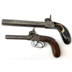 Mid-19th century percussion cap side-by-side double barrel pocket pistol with 7.5cm octagonal barrels and walnut bag stock L21.5cm; and Belgian 16-bore percussion cap pocket pistol with 16cm octagonal barrel, folding trigger and black painted wooden stock L27.5cm (2)