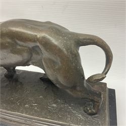 After Charles Valton, bronze, modelled as a lion, upon bronze plinth signed C H Valton, with foundry seal for J B Deposee, and black marble plinth base, overall H20cm L26cm