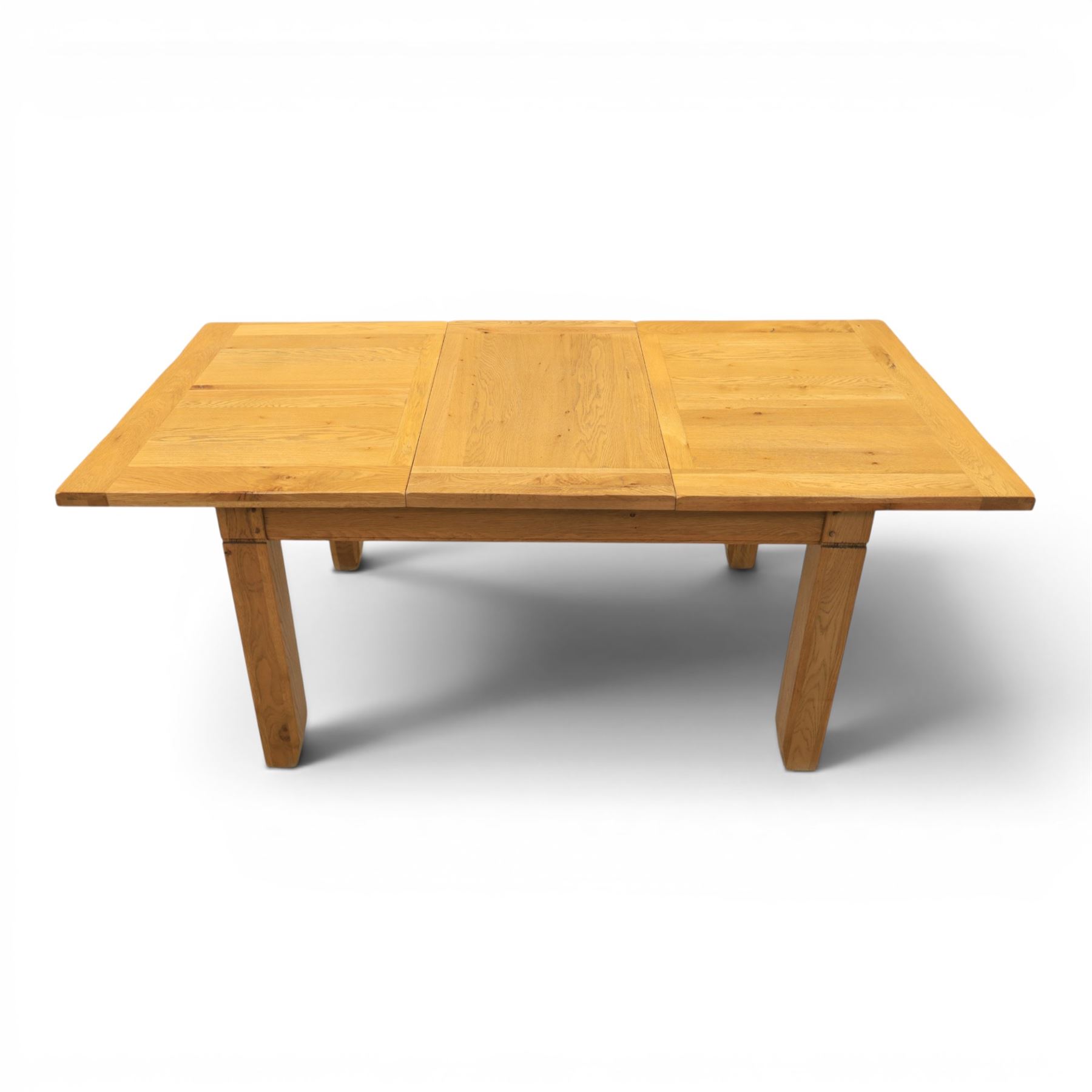 Contemporary oak dining extending table and set of six chairs, with additional leaf  extending to 182cm, chairs with cream upholstered seat