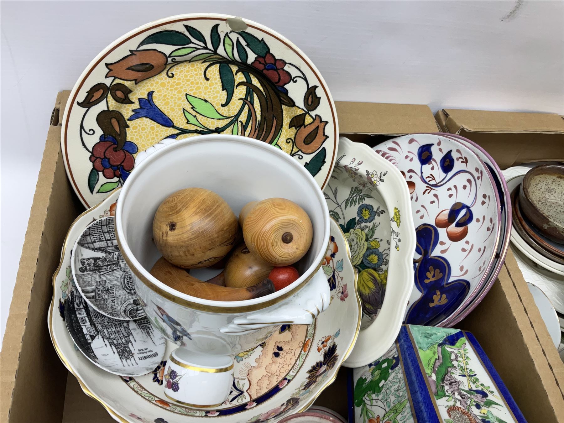 Twin handled cache pot in the style of Herend Hungary, stamped VA Portugal, decorated with birds upon branches, Mason's Ironstone large footed bowl in the Mandarin pattern, Spode Gainsborough bowl, Royal Doulton Bird of Paradise plate c1938 D4602, lustre plates, Aynsley, oriental style lidded vase, Portmeirion, lattice creamware, J & G Meakin Sol, Wedgwood, studio pottery, Spode York Minister boxed plate etc