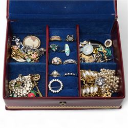 9ct gold cabochon sapphire heart pendant, silver jewellery including stone five stone set rings, silver and enamel fob, locket etc, 9ct gold and silver stone set ring, collection of wristwatches and costume jewellery 