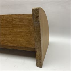 Mouseman - oak book trough, curved and adzed end supports, carved with mouse signature, by the workshop of Robert Thompson, Kilburn