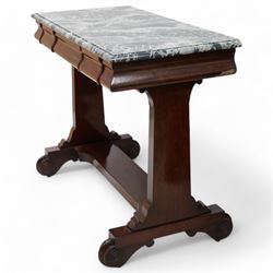 19th century mahogany side table, moulded rectangular top with simulated marble finish, ogee moulded frieze fitted with two drawers, rectangular and supports on scroll carved feet united by flat stretcher 
