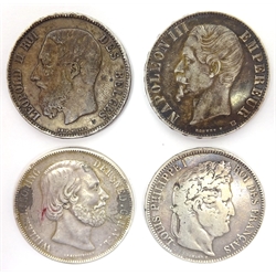  Two French five franc coins, 1834 and 1856, Belgian five franc coin, 1869 and a Netherlands 2 1/2 Gulden, 1872 (4)  
