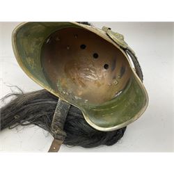 French Model 1913 mounted gendarmerie helmet; brass bodied with nickel mounts, chin strap, comb and horse-hair H27cm (no liner)