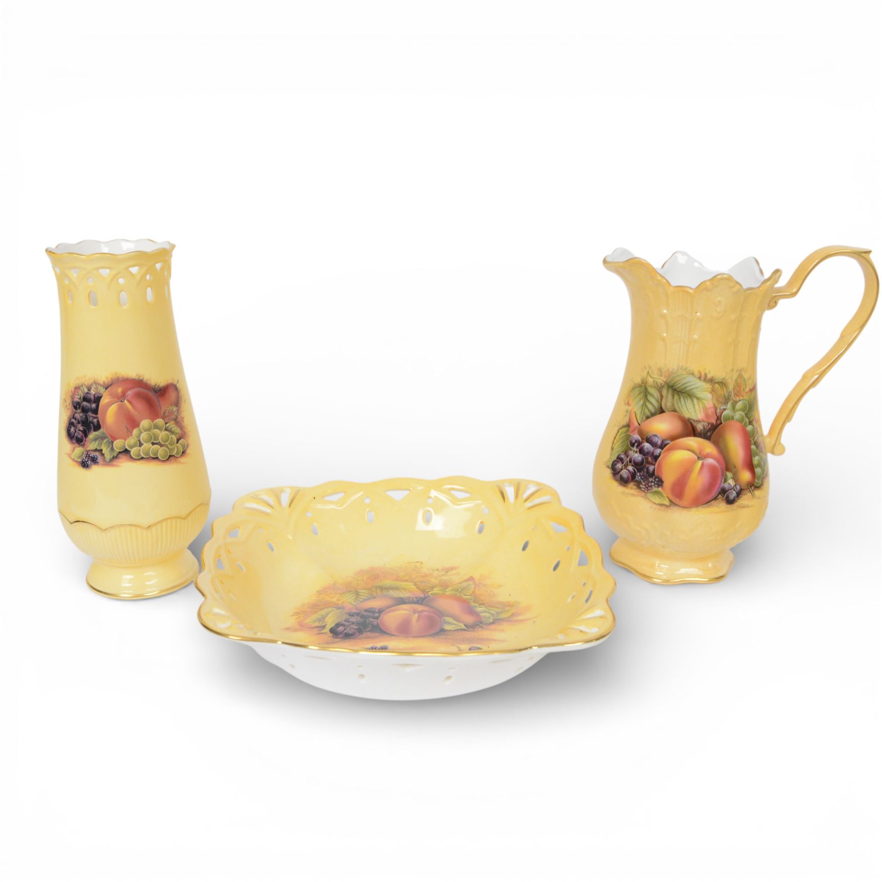 Aynsley Orchard Gold pattern, including coffee can and saucer, clock, vase, jug etc, vase H20cm