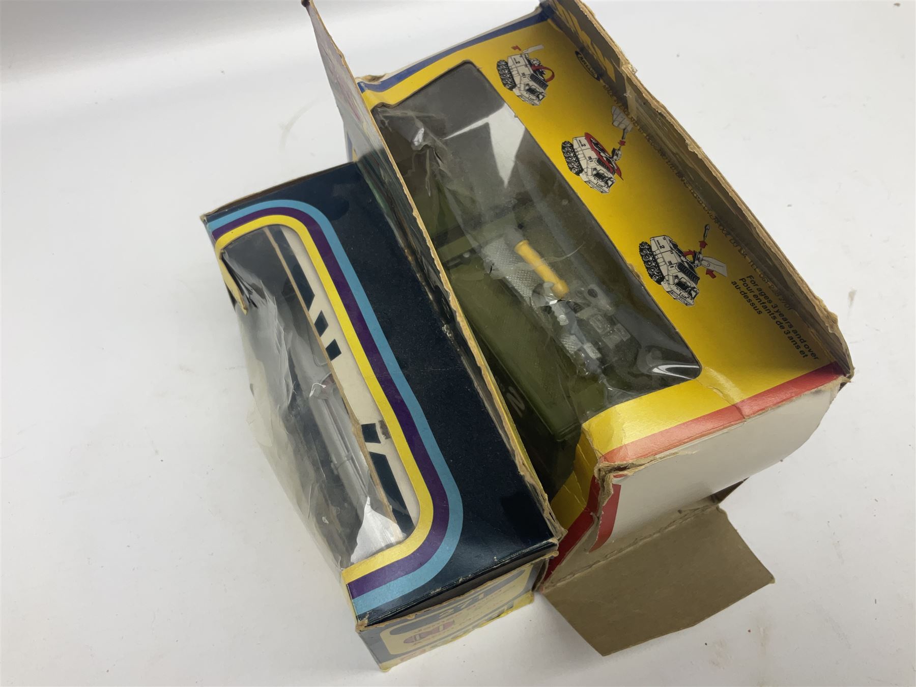 Corgi - die-cast model of James Bond Aston Martin DB5 No.271 with silver body and red interior, gold bumpers and four-spoke wheels, James Bond and two bandit figures; original window box with header card; and Dinky Shado 2 Mobile with one missile No.353; in window box (2)