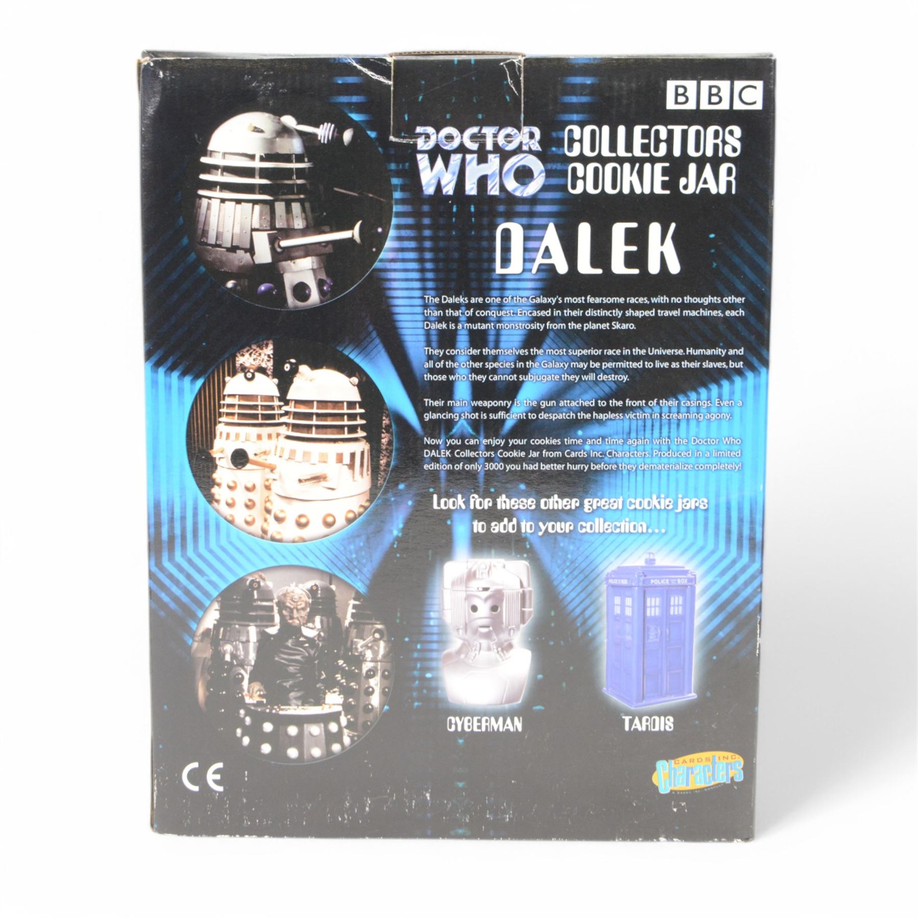 Four Doctor Who Limited Edition Collector's Cookie Jars, to include Platinum Edition Dalek, Silver and Blue Dalek, White and Gold Dalek and Tardis, all boxed 