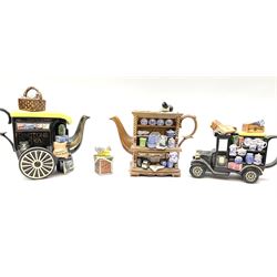 Three Ringtons novelty teapots, comprising The Ringtons Van teapot, the Tea Merchant teapot, and Millenium Celebration teapot. 