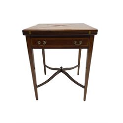 Edwardian mahogany envelope card table, four hinged square top with satinwood and ebony stringing, opening to reveal inset baize centre, fitted with single drawer, raised on square tapering supported united by waived X-stretcher